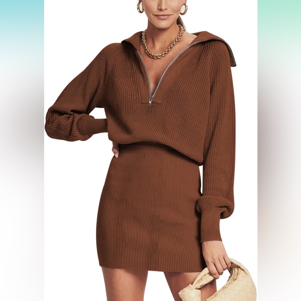 Brown Ribbed Knit Sweater Dress